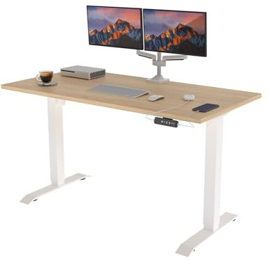 POKAR Höhenverstellbarer Schreibtisch Höhenverstellbar Elektrisch Bürotisch mit Tischplatte (Weiß + Eichen Sonoma, 140 x 70)