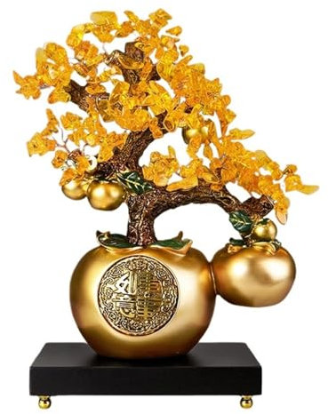 WANGHAI-666 Money Tree Citrin-Kristallbaum, Kristall-Bonsai, Persimmon-Citrin, Glücksbaum mit Sockel, Reiki-Glück, Reichtum, Geldbaum, Kristallgeschenke Feng Shui Decor Tree(Gold)