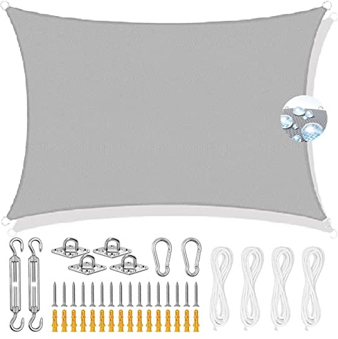 Voile d'ombrage imperméable 5,5 x 6 m avec kit de fixation - Résistant aux UV - Protection solaire pour extérieur, jardin, fête, garage - Gris clair