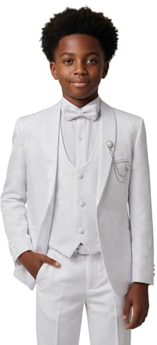 Traje de Esmoquin de comunión Estampado para niños, Ajuste Delgado, Conjunto Completo de 5 Piezas para Ocasiones Harput 134 Blanco, Tamaño 10 Años EU