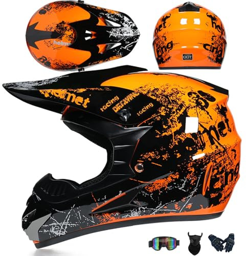 Jugend Motorradhelm Motocross Helm Kinder Erwachsene Cross Helms Herren ATV Motorradhelm MX Enduro Full Face MTB Helm DOT/ECE-Zertifizierter Mit Brille Maske Handschuhe Downhill Helm,Orange/B-XXL