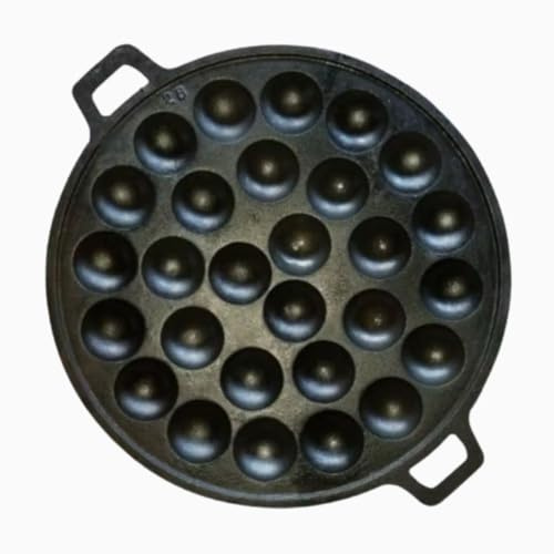 28 Holes 13 Inches Mold Thai Kanom Krok Coconut Pancake Pan, Thai Dessert, Takoyaki Maker, Heavy Cast Iron Grill Pan Combination Thai Cooking Equipment