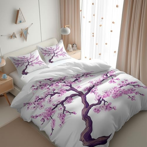 3PCS Duvet Cover Set Full, 1 Microfibre Duvet Cover and 2 Pillowcase, Japanese Cherry Blossoms Bedding for Kids Girls Boys and Teens, Corner Ties and Zipper