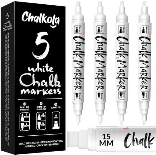 Chalkola 5 Weiß Kreidestifte für Tafel Abwaschbar mit Dual Spitzer | 1mm, 3mm, 5mm & 15mm – Kreidemarker Abwischbar, Kreidestift Weiß, Fensterstifte, Tafelstifte Abwischbar, Chalk Marker, Glas