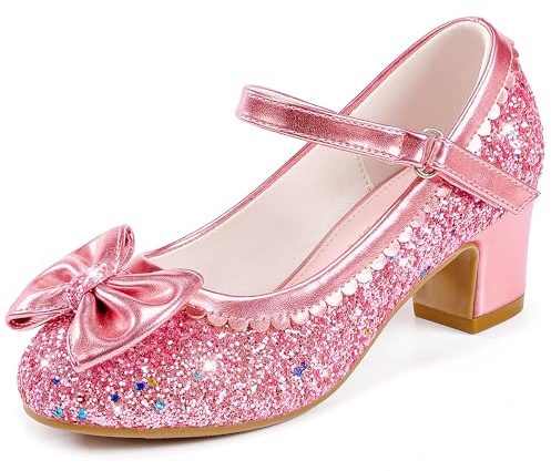 LAURMOSA Chaussure Princesse Fille Chaussures Talon Enfant Fille Mary Jane Chaussures Princesse 28 Rose Paillettes Nœud Mariage Anniversaire Fête Festivité Danse Soirée Cérémonie (FRL1036SePink 11)