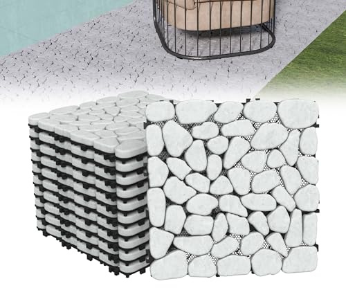 XMTECH 11 Stück Mosaik Kieselstein Fliesenmatten 30x30 cm, Strukturierte rutschfeste Naturstein Oberfläche, wetterfeste verlegende Mosaikfliesen für Bad, Balkon und Terrasse (Weiß Geschnitten)