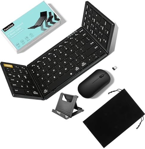 PuechAxe Tastiera e mouse pieghevoli, tastiera e mouse wireless, portatile, pieghevole, 2,4 G + BT5.0 x 2, tastiera e mouse da viaggio Bluetooth ricaricabili per laptop, iPad, tablet