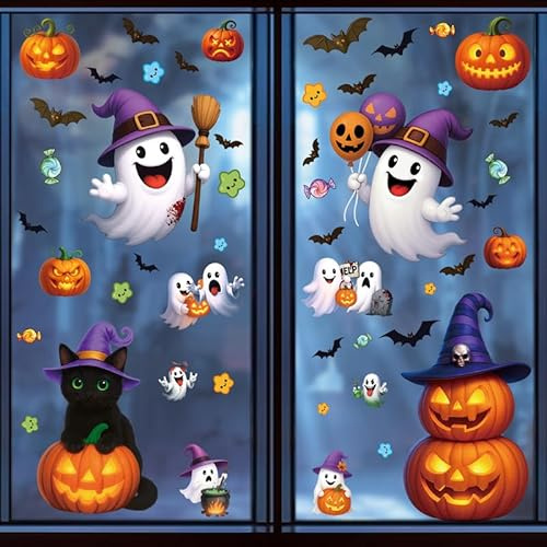 VYNZOR 6 Fogli Halloween Vetrofanie Addobbi,Halloween Decorazioni Riutilizzabile a Doppio Lato AdesivI per Finestre Pipistrello Ragno Strega Castello di Zucca adesivi Per halloween per finestre