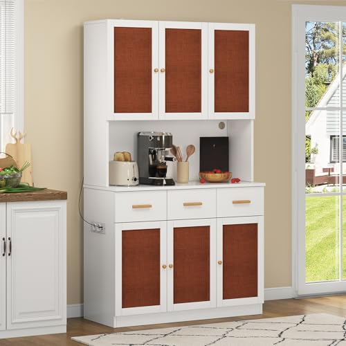 LAKFEW Küchenschrank mit Arbeitsplatte und LED-Beleuchtung, Buffetschrank Küchenschränke mit Steckdose, Küchenbuffet mit Massivholzgriffen und 3 Schubladen, Küchenmöbel, 105x43x182 cm, Weiß