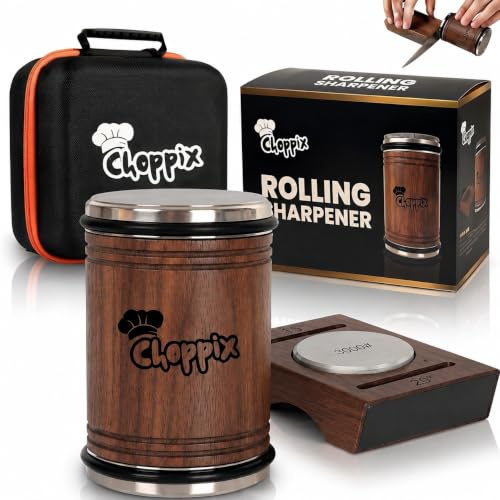 Choppix Walnut Wood Rolling Knife Sharpener with Built-in #3000 Whetstone Base, Carry Bag, 15° & 20° Magnetic Angles, Diamond & Ceramic Honing Disc, Professional Kitchen Roller Knife Sharpening Kit