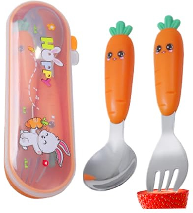 BommFu Ensemble de Cuillères et Fourchettes pour Enfant - Kit d'Ustensiles en Métal pour Bébé avec Boîte de Rangement pour Manger - Set de Table Portable pour Repas Idéal pour Voyage Restaurant et