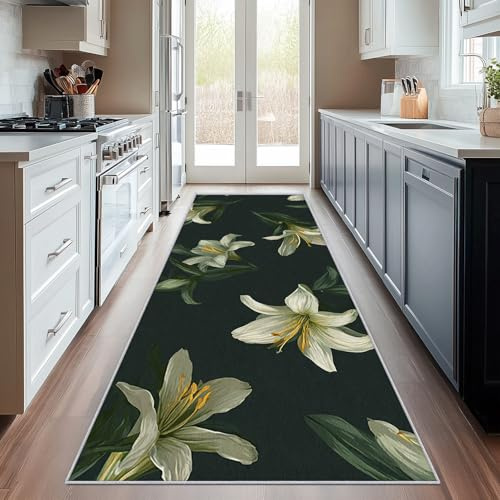 Generisch Läufer Flur Lilie Blumen, Waschbarer Teppich Läufer Grün Botanisch Floral 100x200, Küchenteppich, Eingangsbereich, Bettvorleger, Schlafzimmer Deko, rutschfest, Kurzflor i1228