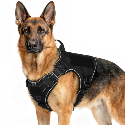 rabbitgoo Tactical Dog Harness for Extra Large Dogs, No Pull Upgraded Reflective Heavy Duty Molle Vest with Handle, Adjustable Military Service Dog Vest for Walking Hiking Training, Black, XL