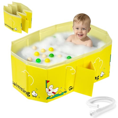 AUYAO Vasca da Bagno Portatile per Bambino, Vaschetta Bagnetto Neonato Pieghevole, Vasca per Neonato Pieghevole con Tappetino Antiscivolo e Foro di Scaric, 75 * 48 * 30CM, Adatta da 0 a 8 Anni