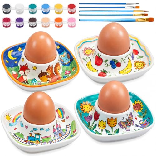 Sinmoe 4 Coquetier Oeuf en Ceramique Peindre Votre Propr Coquetier avec 12 Peinture Acrylique 5 Pinceaux Support pour uf à la Coque pour DIY Cadeau Pâques Anniversaire