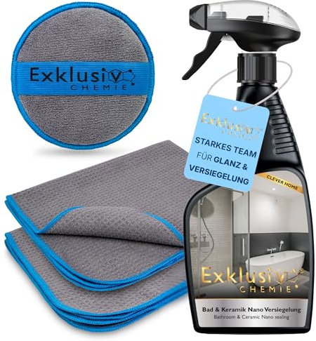 Exklusiv Chemie Bad & Keramik Versiegelungs-Set – 2x Waffeltücher + Polierpad + Keramik Versiegelung (500 ml) – Abperleffekt & streifenfreie Versiegelung für Bad & Dusche