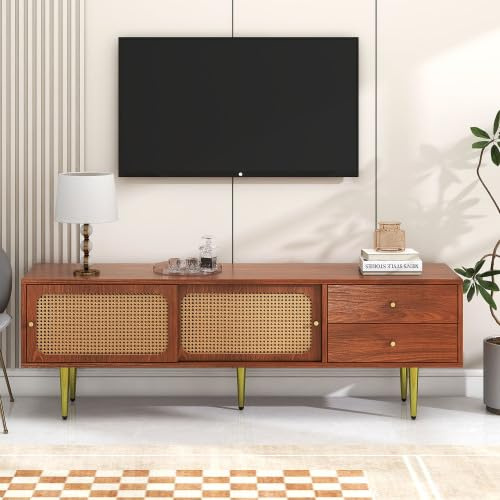 Merax TV Schrank 160x40x60cm – Lowboard mit Rattan-Schiebetüren, 2 Schubladen, 4 Fächer, Walnussfarben – Fernsehschrank für Wohnzimmer, modernes TV Board & Wohnwand Möbel