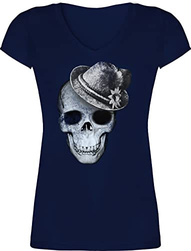 T-Shirt Damen V Ausschnitt - Kompatibel Oktoberfest - Totenkopf mit Filzhut - XS - Dunkelblau - mädchen trachtenshirt Trachten-Tshirt bayrische Skull Tshirt Shirt trachtenshirts bayrisch bayernhut