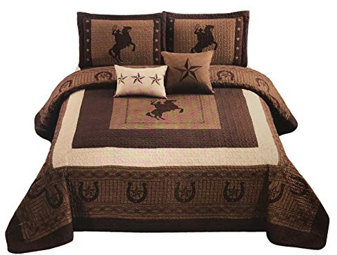 Western Collection New 5 Pieces Western Stars and Horses Cowboy Luxury Home Quilt Bedspread Oversize Comforter with Cushions (King, Brown Horse)