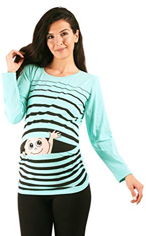 M.M.C. Ciao Ciao - Simpatica graziosa T-Shirt Premaman Manica Lunga per la Gravidanza (Turchese, Large)