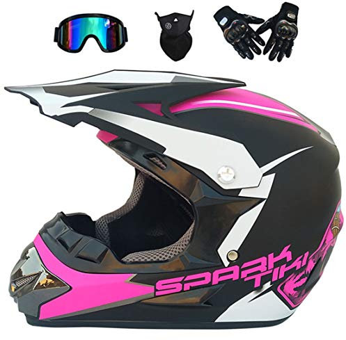 ATK Motorradhelm Motocross Helm mit Windschutzscheibe Maske Motorradhandschuhe, ECE Standard,Pink,S(52-53cm)