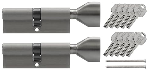 2x thumb turn knob euro cylinder locks 40/40mm, keyed alike, with 10 reversible keys (40x40) (KSN)
