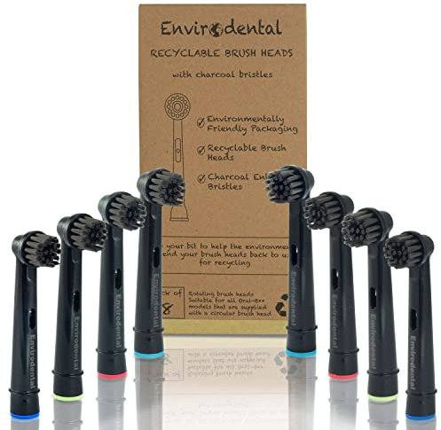 Eco Friendly Replacement Toothbrush Heads in Black by Envirodental - Fully Recyclable Pack of 8 Brushes - with Activated Charcoal Bristles - for Electric Toothbrushes