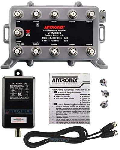 Reliable Cable Products 9 Port Bi-Directional Cable TV Splitter Signal Booster/Amplifier Kit with Active Return Zero Signal Loss includes F59 Terminators and Superflex 3' Dedicated Power Cable