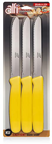 Alfi All-Purpose Knives Aerospace Precision Rounded Tip - Home And Kitchen Supplies - Serrated Steak Knives Set | Made in USA (3 Pack, Sunny Yellow)
