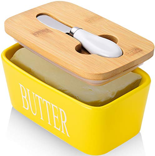 AISBUGUR Grand beurrier avec Couvercle en céramique avec Couteau et Acier Inoxydable - Beurrier étanche en Silicone de qualité supérieure pour la Cuisine -Jaune