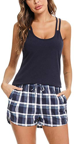 iClosam Pyjama Femme Été Coton Deux Pièces Débardeur et Short Carreaux | Pyjama Femme Été, Coton Léger, Toucher Respirant, Sensation Souple, Nuits Chaudes, Repos Quotidien, Maison Et Vacances