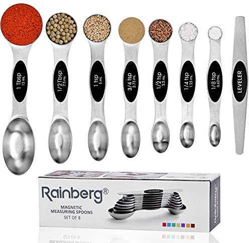 Rainberg Magnetic Measuring Spoon Set of 8 Stainless Steel Metal Measure Cup Spoons for Baking Cooking Kitchen