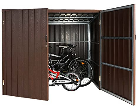 WPC-Fahrradgarage HWC-J29, Geräteschuppen Fahrradbox, Metall Holzoptik abschließbar - 4 Räder 172x213x160cm braun