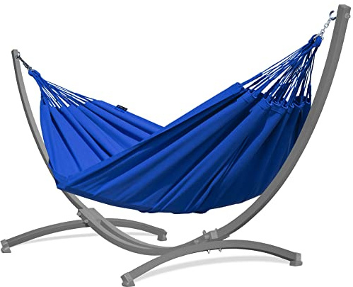 Potenza Outdoor Hängematte mit Gestell für 2 Personen I Merida- Baumwolle Doppelhängematte XXL 220x160, 220kg I Hängemattengestell 220kg, wetterfest (Blau, Gestell Grau)