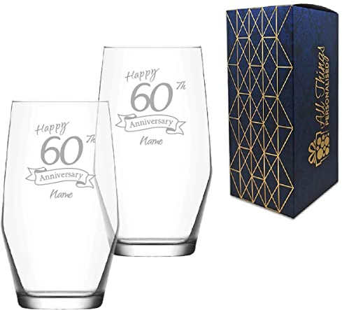Personalised Engraved 60th Anniversary Glass Set of Two, Ella Highball 16.7oz Glass, Engraved in The UK, Personalise with Any Name, Thoughtful Customised Gift