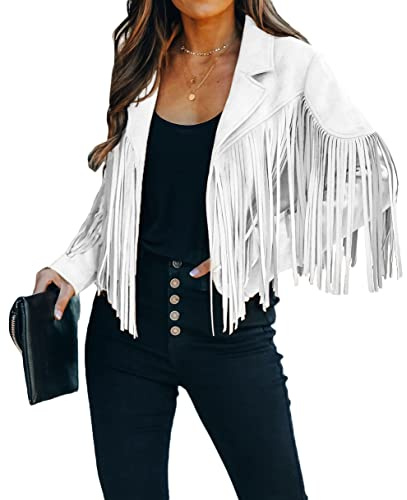 loveimgs Women's Western Faux Suede Fringe Jacket, White, L