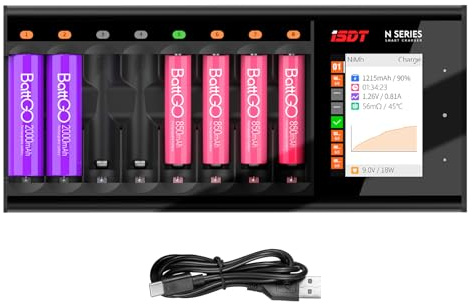 ISDT N8 Smart NiMH Charger, AA AAA Battery Charger Analyzer with 8 Independent Slots, USB-C LCD, Fast Charging for Mini Z Rechargeable Batteries