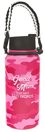 Pavilion Gift Company - Good Mom 32oz. Stainless Steel Water Bottle, Double Wall Tumbler Flask with Paracord Handle, Sports Water Cup, Gift For Mom, Mothers Day Gifts, Camouflage Bottle, 1 Count, Pink