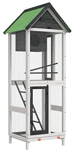 vidaXL Voliere, Vogelkäfig mit Nistkasten Sitzstangen, Vogelvoliere für Papageien Wellensittiche, Vogelbauer Vogelhaus, Grau Massivholz Kiefer