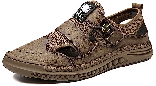 Youthful flying Sandali Trekking Chiusi Davanti Uomo Pelle Sandalo Sportivi Cuoio per Montagna Passeggiata Spiaggia Estivi Antiscivolo Scarpe(Size:43 EU,Color:Cachi)