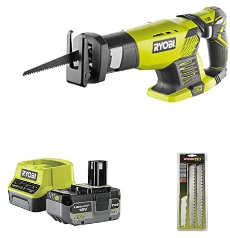 Ryobi - Scie sabre 18V - 0-3 100 cp/min - course de lame 22 mm - capacité bois 180 mm - Livrée avec 2 lames + 2 grandes longueur, 1 batterie 4Ah et 1 chargeur rapide