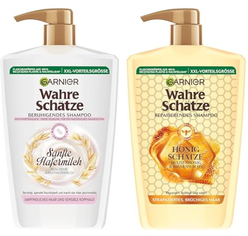 Garnier Wahre Schätze Beruhigendes Shampoo Sanfte Hafermilch, XXL Formal 1L, für empfindliches Haar und sensible Kopfhaut, 1000 ml & Wahre Schätze Reparierendes Shampoo Honig Schätze