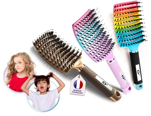 O³ Brosse a cheveux demelante Poil de Sanglier - SET x3 - Femme & Enfant | NE TIRE PAS - Tous Types de Cheveux - Brushing, Sèche-Cheveux, Anti-Frisottis - Pour démêler en douceur !
