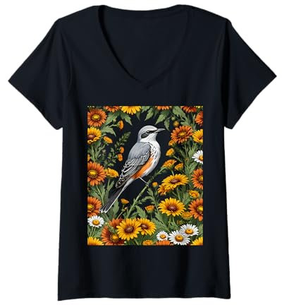 Womens Oklahoman Flycatcher Bird Surrounded By Gaillardia pulchella V-Neck T-Shirt
