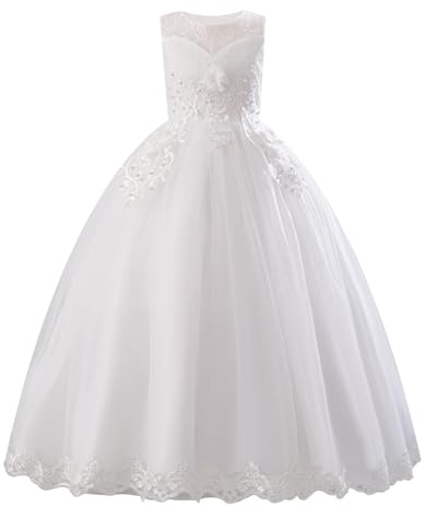 IMEKIS Vestido de dama de honor para niña, sin mangas, bordado floral, de encaje, vestido de tul, elegante, para cumpleaños, fiesta, primera comunión, vestido de fiesta, Blanco, 11-12 Años