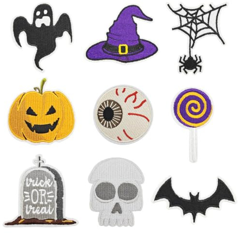Bestickte Aufnäher, Halloween Patches zum Aufbügeln Bügelflicken Set Totenköpfe Patches Kürbis Spinnennetz Applikationen Totenköpfe Patches, für Kinder DIY T-Shirt Jeans Kleidung Taschen Flicken Pat
