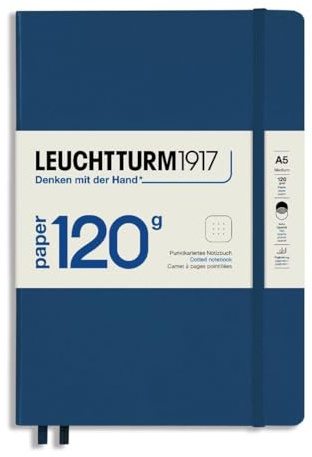 LEUCHTTURM1917 Notizbuch Medium A5, 120 g/m², Hardcover, Marine | Gepunktet, 203 nummerierte Seiten, Fadenheftung, 2 Lesezeichenbänder, Falttasche, Verschlussgummi