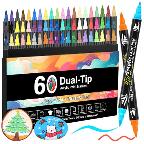 Gunsamg 60 Dual Tip Acrylic Paint Markers with Fine Tip and Brush Tip, Acrylic Paint Pens for Rock Painting, Canvas, Ceramic, Glass, Plastic,Professional Paint Markers with Thick Storage Case
