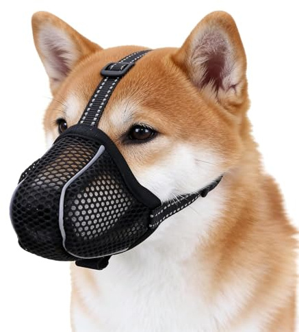 VZU Maulkorb für Hunde, Atmungsaktiv, Reflektierend, Verstellbarer Hundemaulkorb für Kleine Mittelgroße und Große, Verhindert Kauen, Fressen, Beißen, Mesh Haustiermaske (1, Schwarz, M)