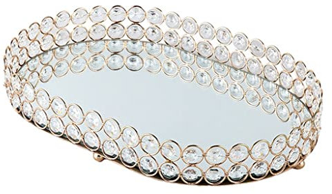 OZBMA Vassoio portaoggetti in Vetro Dorato con Specchio in Cristallo per Cosmetici, Trucchi, Decorazioni per la casa, Vassoio da Tavolo (Dimensioni: M) (Oro Grande)